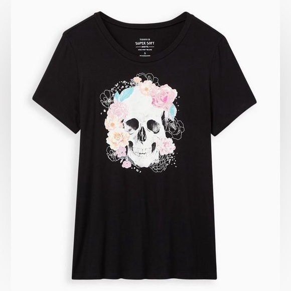Torrid Perfect Tee - Super Soft Busy Floral Skull Black NWT - Picture 6 of 10